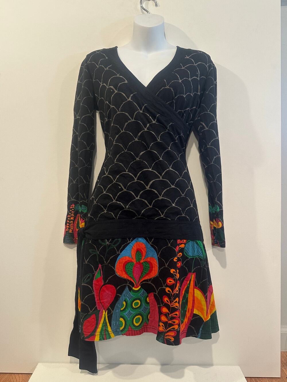 Y2K Desigual Black Scale Print Wrap Dress Long Sleeve V-Neck Sash Tie Floral M